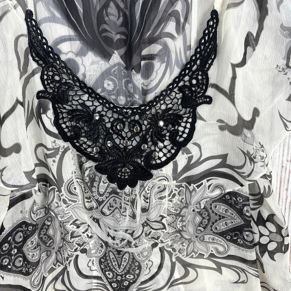 Unity Tunic Top Women Size L Off White Gray Sheer Short Sleeve Boho Fairy Grunge - Picture 3 of 7